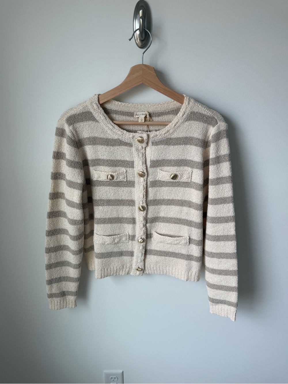 Hem & Thread Cream and Taupe Striped Button-Front Cardigan